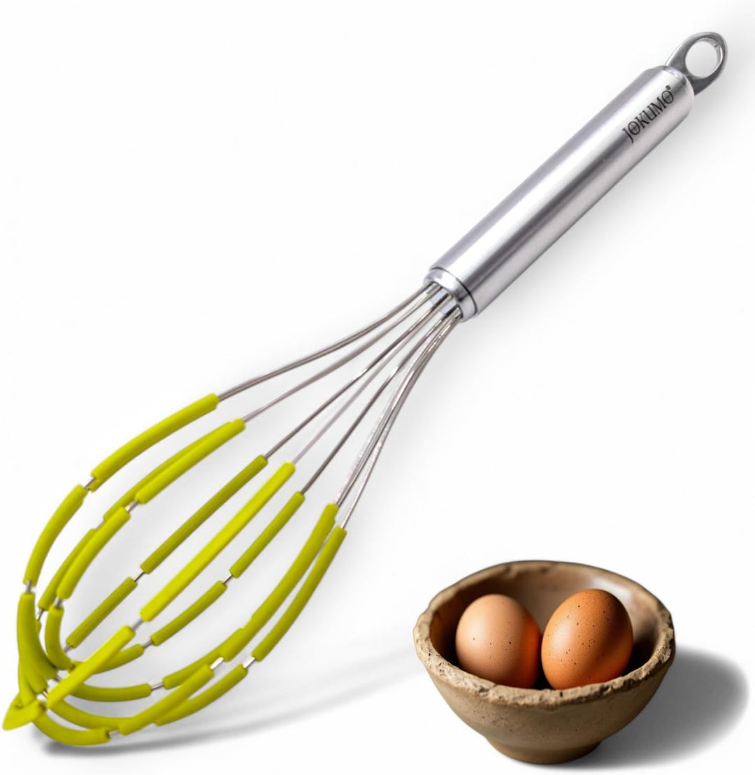 Balloon Silicone Egg Whisk with Spatula Scraper Wires, 18/10 Stainless Steel, Non-Stick Pan Safe, Ergonomic Tube Handle Perfect for Blending, Whisking, Beating and Stirring, 11 inch (Green)