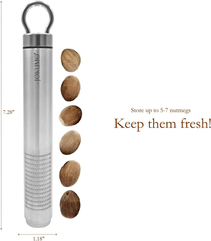 Nutmeg Grater with Silicone Brush &amp; Storage - 18/10 Stainless Steel, Compact Spice &amp; Nut Grinder Tool for Fresh Nutmeg Powder
