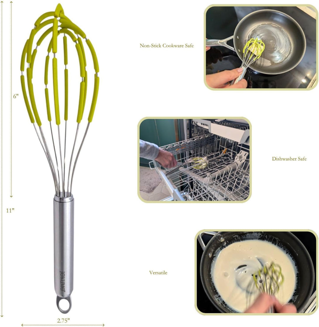 Balloon Silicone Egg Whisk with Spatula Scraper Wires, 18/10 Stainless Steel, Non-Stick Pan Safe, Ergonomic Tube Handle Perfect for Blending, Whisking, Beating and Stirring, 11 inch (Green)