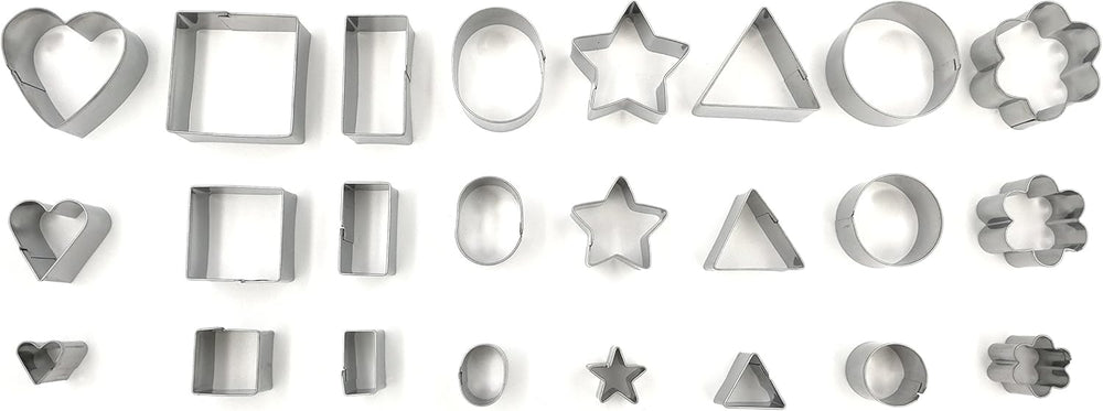 Mini Multi Shape Fondant Cutters Set – 24 Pc Set 430 Stainless Steel - Great for Fondant and Crafting Clay- Stars, Hearts, Flowers, 5 type of Geometric Shape