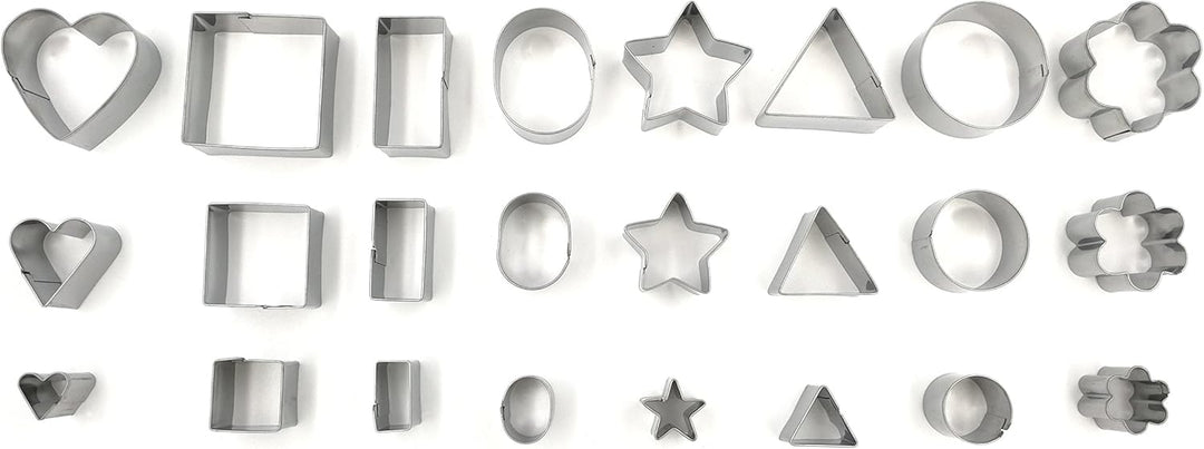 Mini Multi Shape Fondant Cutters Set – 24 Pc Set 430 Stainless Steel - Great for Fondant and Crafting Clay- Stars, Hearts, Flowers, 5 type of Geometric Shape