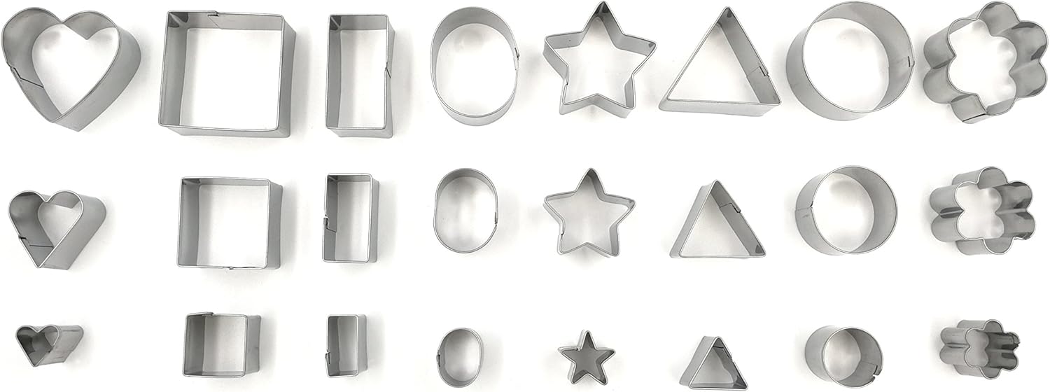 Mini Multi Shape Fondant Cutters Set – 24 Pc Set 430 Stainless Steel - Great for Fondant and Crafting Clay- Stars, Hearts, Flowers, 5 type of Geometric Shape