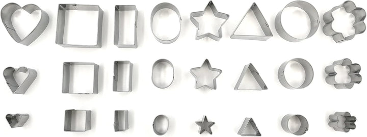 Mini Multi Shape Fondant Cutters Set – 24 Pc Set 430 Stainless Steel - Great for Fondant and Crafting Clay- Stars, Hearts, Flowers, 5 type of Geometric Shape
