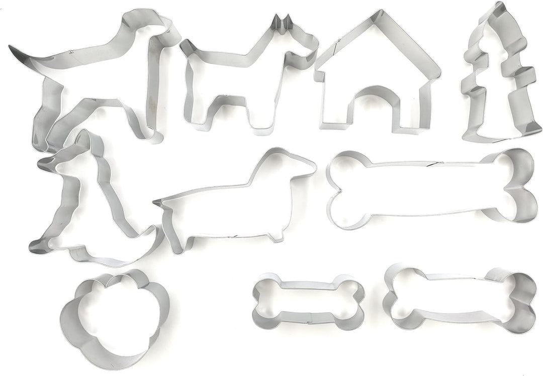 Dog Lover Complete Cookie Cutters Set – 10 PC High Grade 430 Stainless Steel –Golden Retriever, Miniature Schnauzer, Dachshund, Dog sit position, Dog Paw, Dog House, Fire Hydrant and 3 Dog Bone