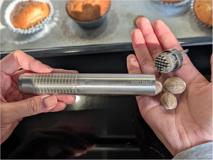 Nutmeg Grater with Silicone Brush &amp; Storage - 18/10 Stainless Steel, Compact Spice &amp; Nut Grinder Tool for Fresh Nutmeg Powder