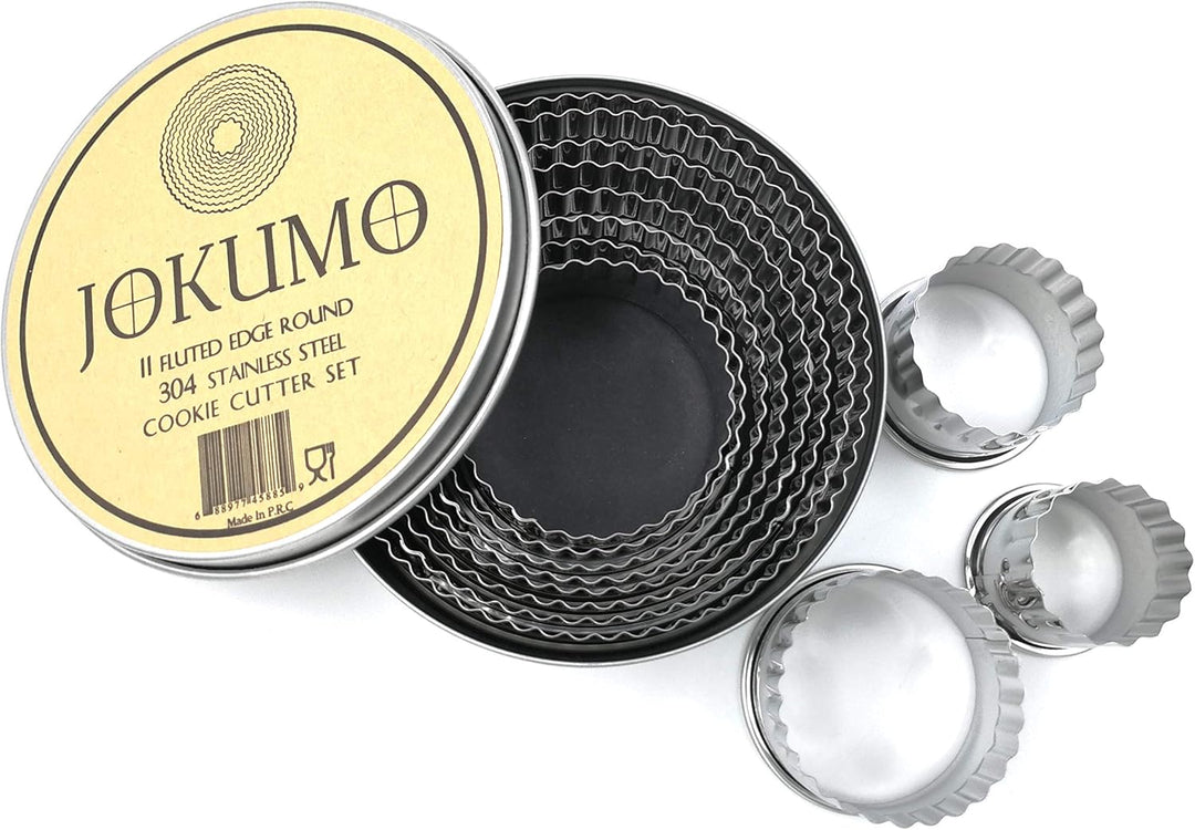 11 Piece Graduated Sizes Fluted Edge Round Pastry/Cookie Cutter Set Heavy Duty 18/8 304 Stainless Steel – Metal Engrave Size –Tin Storage Box for Scones, Pastries, Baking, Desserts, Muffins,