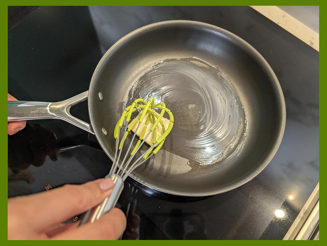 Balloon Silicone Egg Whisk with Spatula Scraper Wires, 18/10 Stainless Steel, Non-Stick Pan Safe, Ergonomic Tube Handle Perfect for Blending, Whisking, Beating and Stirring, 11 inch (Green)