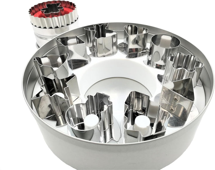 11 Piece Round Linzer Cookie Cutter Set – High Grade 430 Stainless Steel - with Storage Tin
