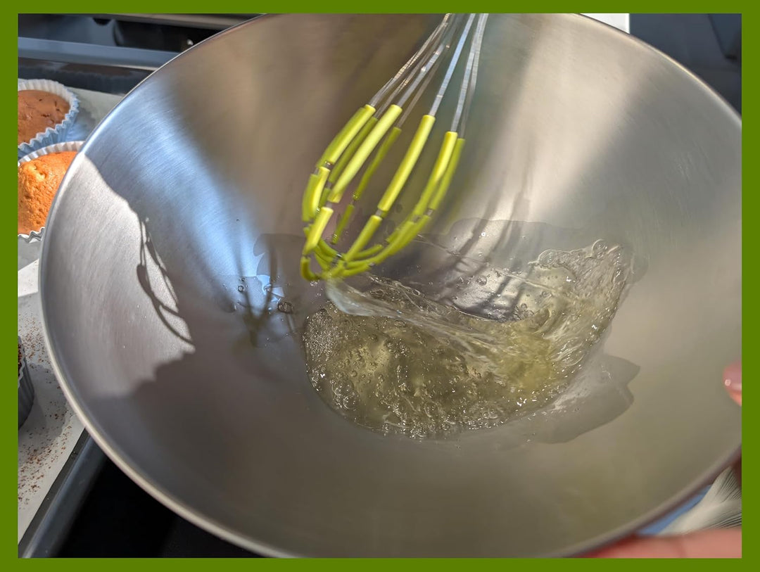 Balloon Silicone Egg Whisk with Spatula Scraper Wires, 18/10 Stainless Steel, Non-Stick Pan Safe, Ergonomic Tube Handle Perfect for Blending, Whisking, Beating and Stirring, 11 inch (Green)