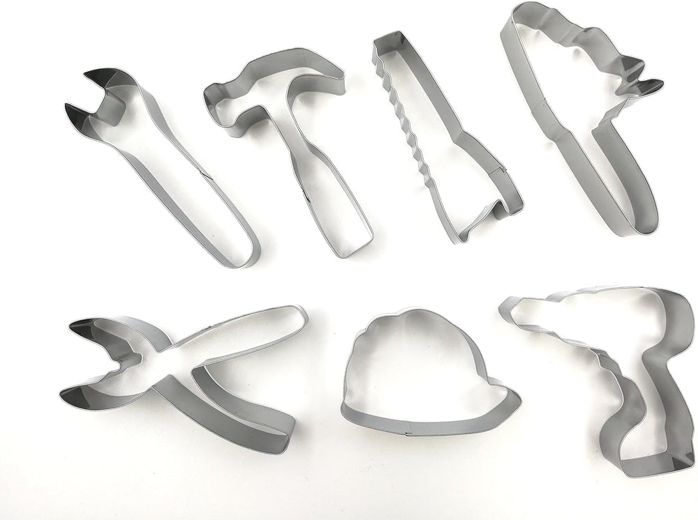 Tools Cookie Cutters Set – 7 PC High Grade 430 Stainless Steel –Wrench, Hammer, Saw, Chainsaw, Pliers, Safety Helmet and Drill