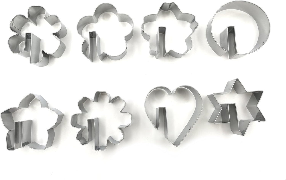 Bite Sized Over the Edge Mug Rim Cookie Cutters Set – 8 PC High Grade 430 Stainless Steel –Hexagram, Circle, Heart and 5 variation of Flower