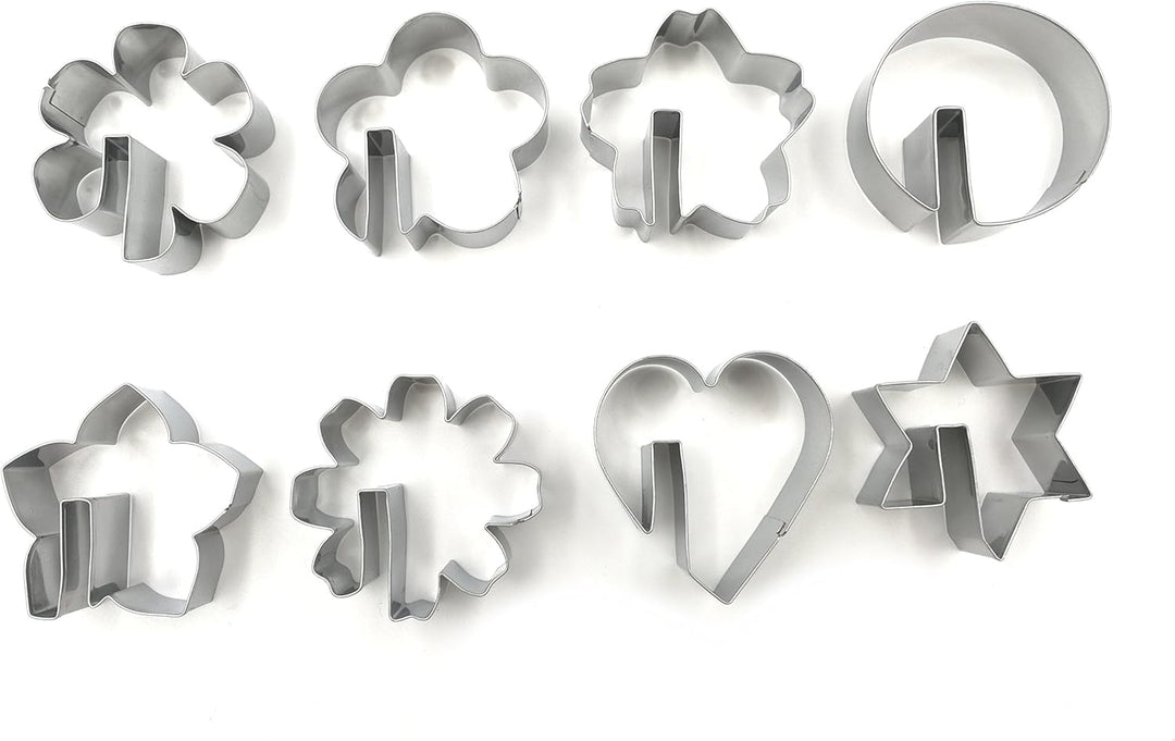 Bite Sized Over the Edge Mug Rim Cookie Cutters Set – 8 PC High Grade 430 Stainless Steel –Hexagram, Circle, Heart and 5 variation of Flower