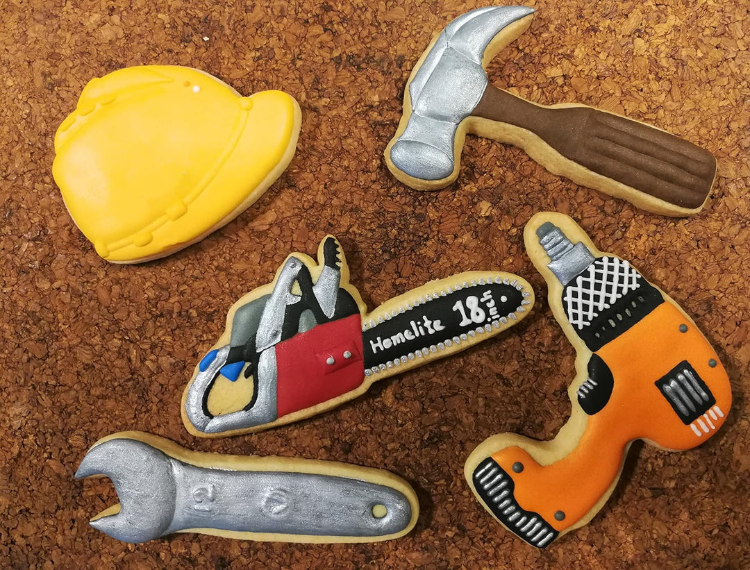 Tools Cookie Cutters Set – 7 PC High Grade 430 Stainless Steel –Wrench, Hammer, Saw, Chainsaw, Pliers, Safety Helmet and Drill